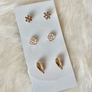 Gold Stud Earrings, Lauren Conrad Jewelry, 3 Pairs of Stud Earrings, Rose, Leafs